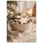 White-iced star biscuits in a linen-lined ceramic bowl, with evergreen branches, warm blurred lights and scattered crumbs.