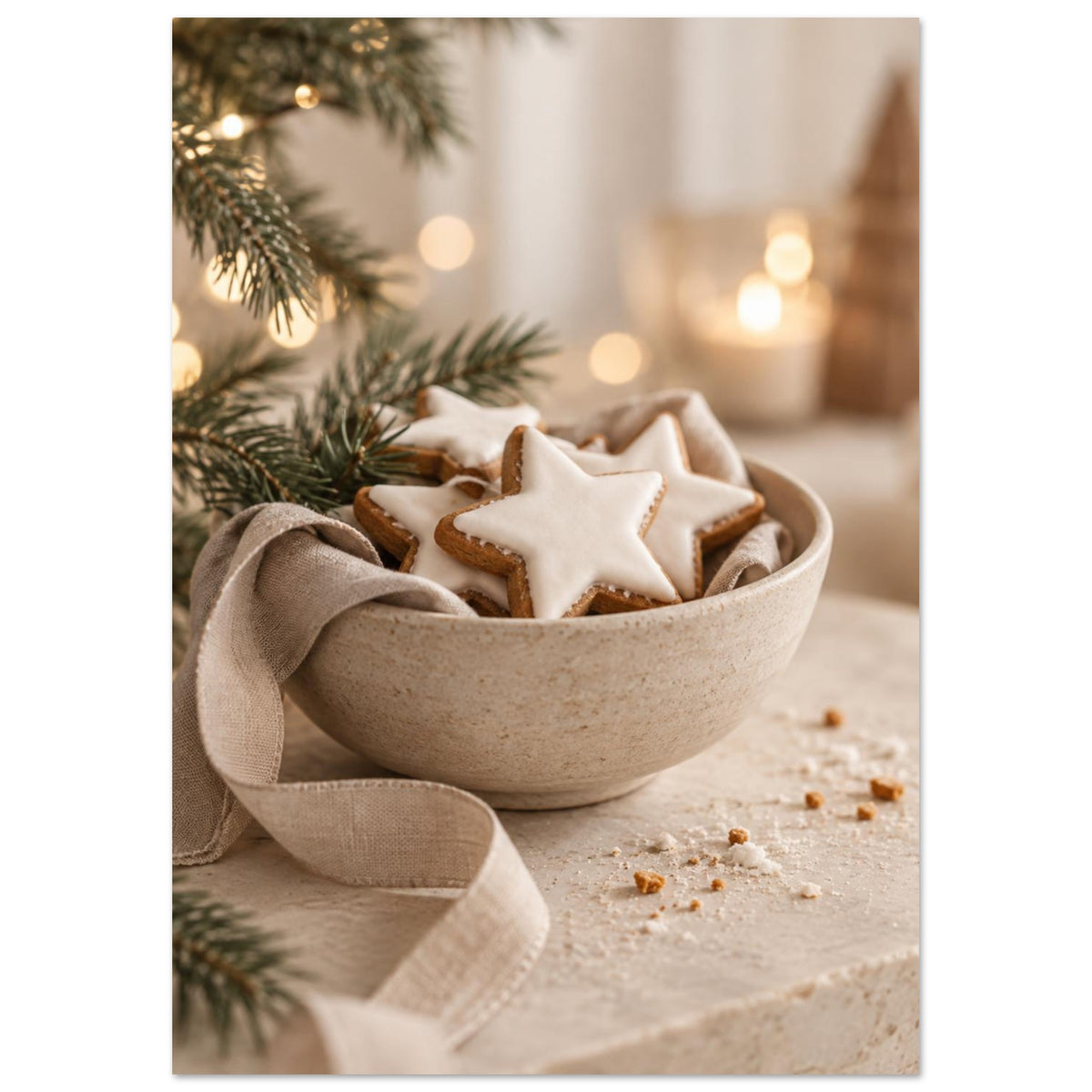 White-iced star biscuits in a linen-lined ceramic bowl, with evergreen branches, warm blurred lights and scattered crumbs.