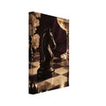 Black chess knight on a chessboard beside a champagne coupe, pale flowers and golden fabric against burgundy drapery.