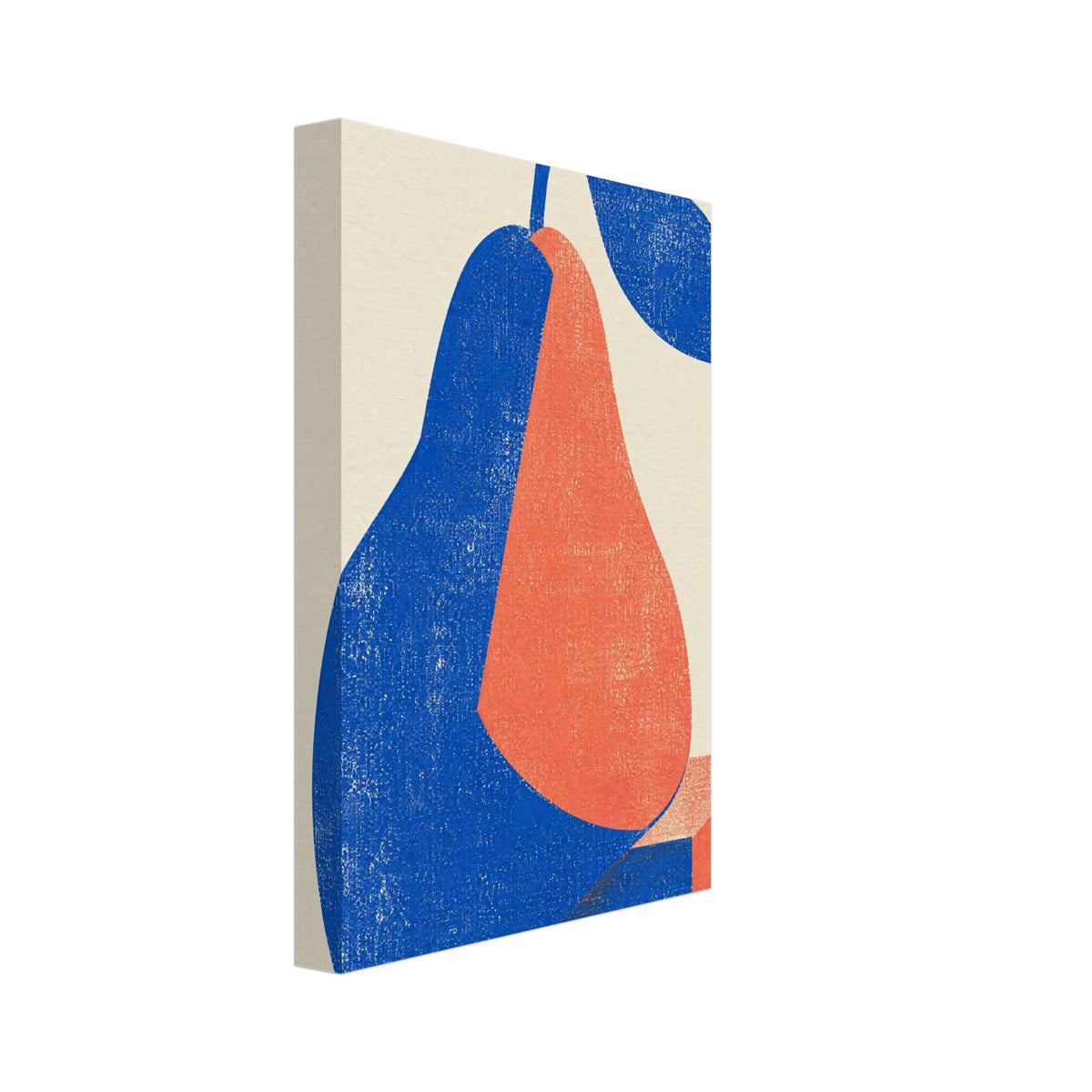 Stylised blue and coral pear with a blue leaf and geometric base, rendered in a distressed texture on cream.
