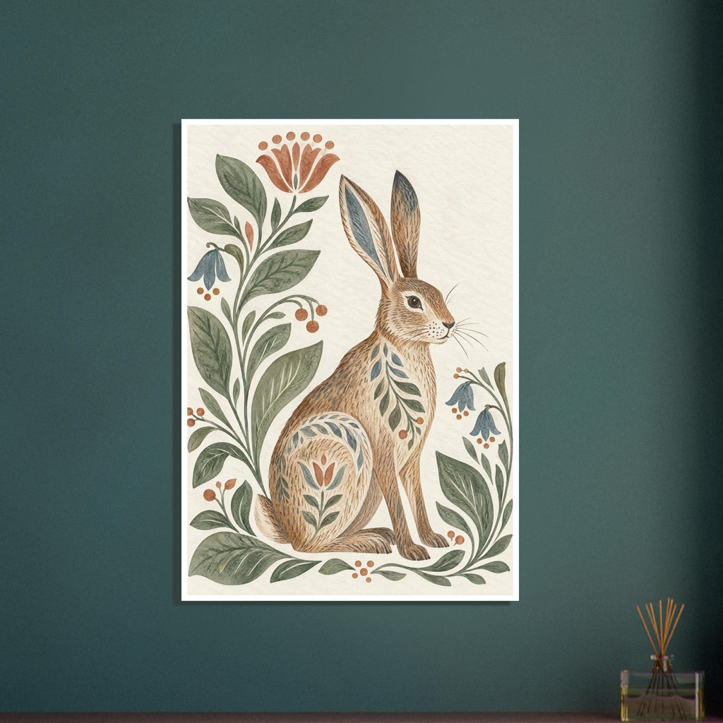 Brown hare decorated with leaf and flower patterns, surrounded by green foliage and muted blooms on a cream background.