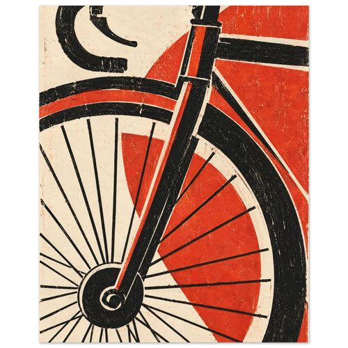 Bicycle front wheel, fork and drop handlebar in black against red geometric shapes and a distressed cream background.