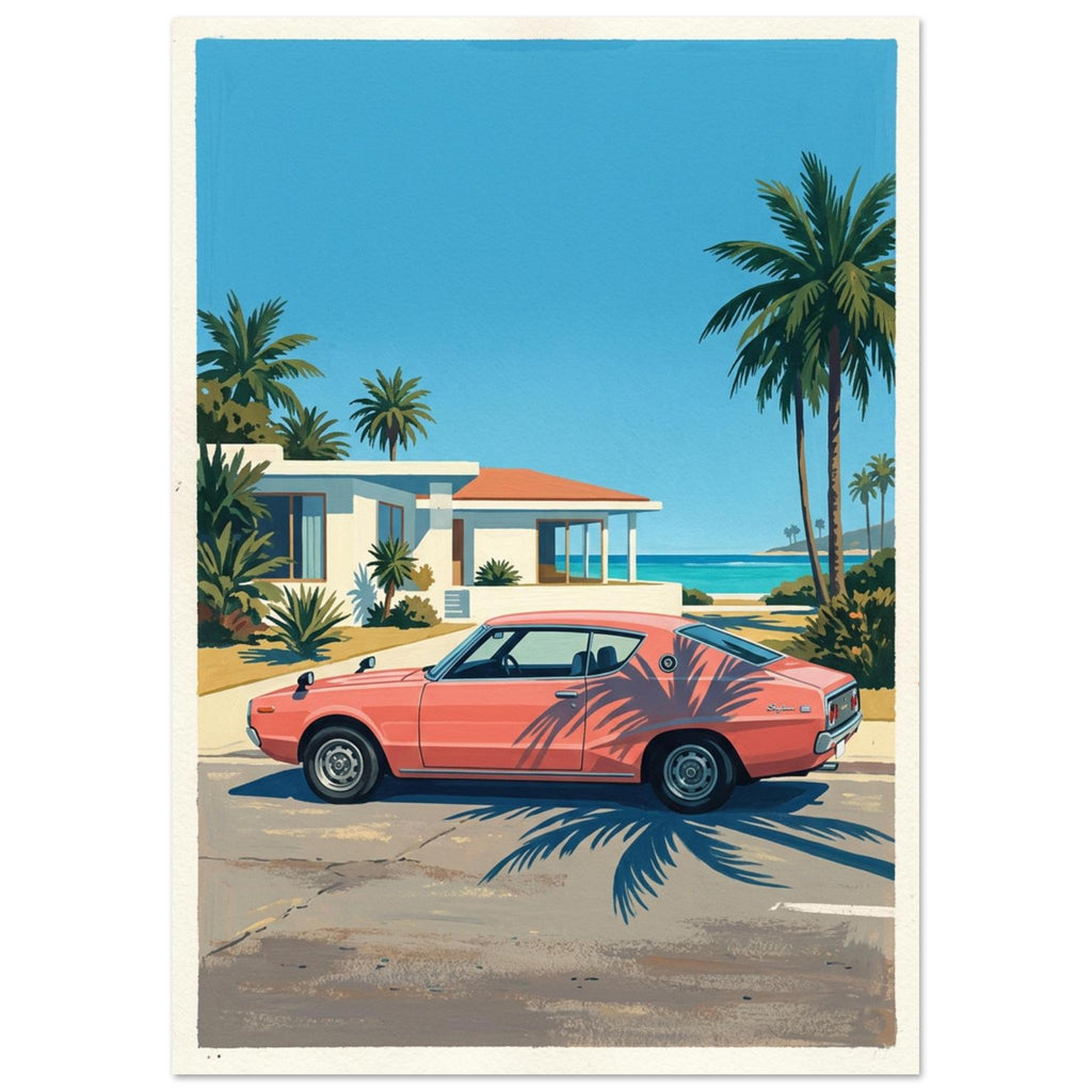 Coral-pink coupé parked beside a coastal house, with palm trees, blue sky, turquoise sea and long palm shadows.