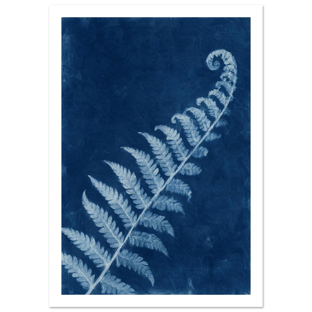 Pale blue fern frond with a curled tip extending diagonally across a textured deep blue background.