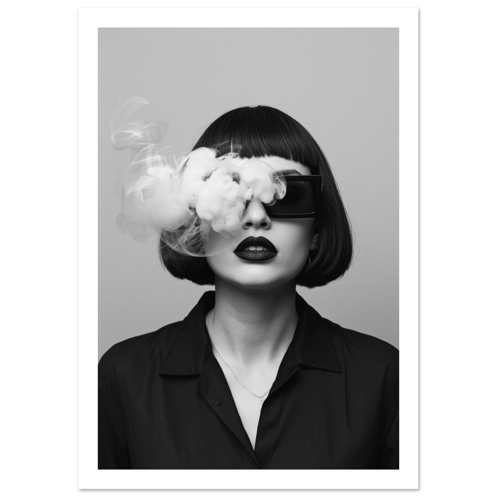 Woman with a dark bob, oversized sunglasses and dark lips, with smoke across her face in a black and white portrait.