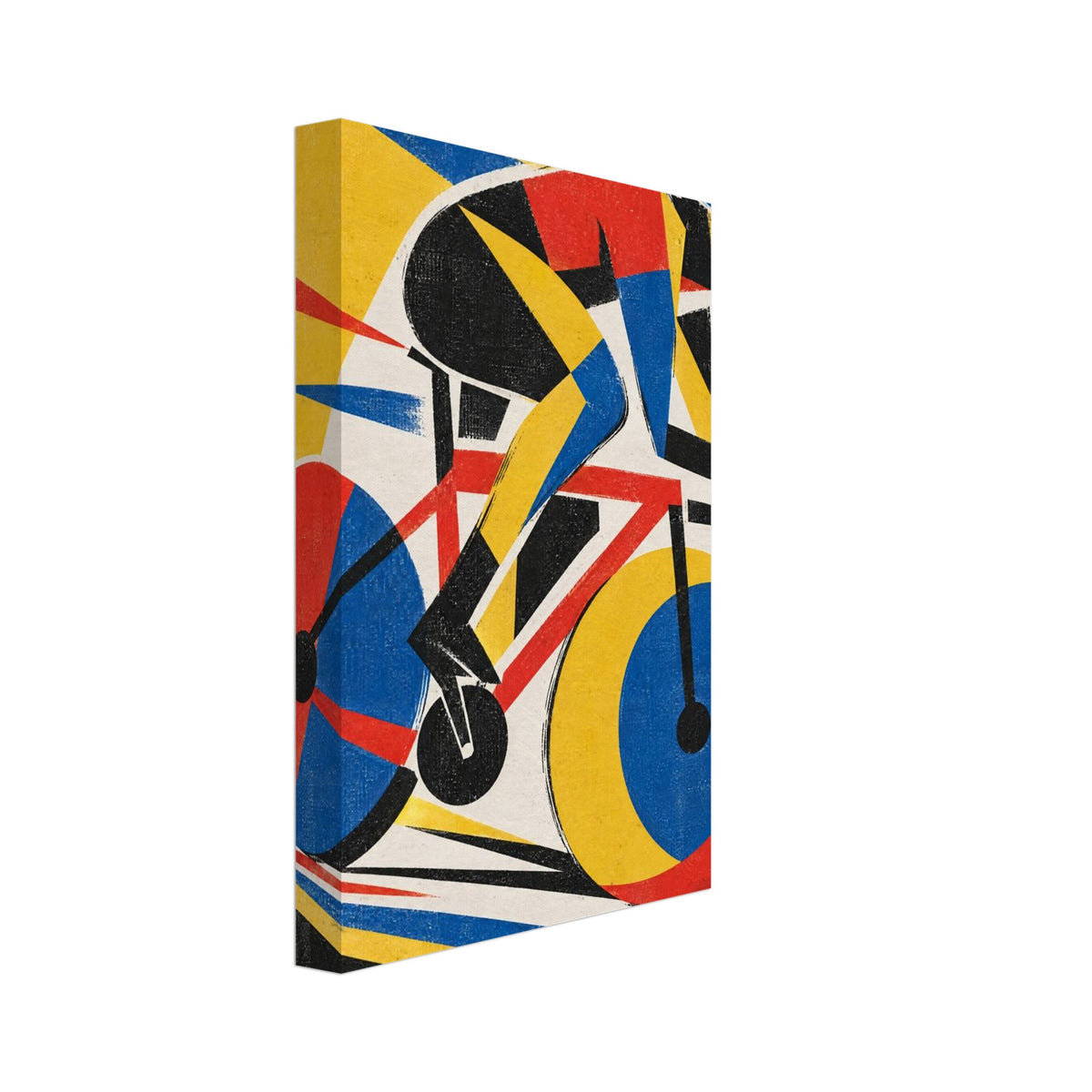 Geometric cyclist on a racing bicycle in red, yellow, blue and black, with diagonal streaks and distressed texture.