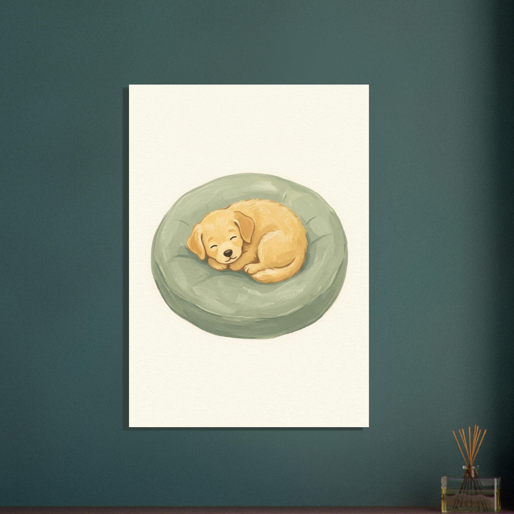 Sleeping Puppy On Cushion – illustration wall art print by Printavelle – close-up