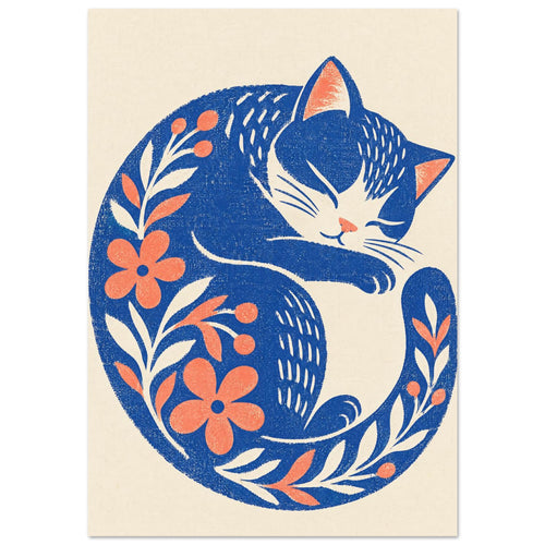 Blue sleeping cat curled into a crescent, decorated with coral flowers and leafy sprigs on a cream background.