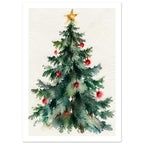 Watercolour Christmas tree with green branches, red baubles and a golden star on a textured cream background.