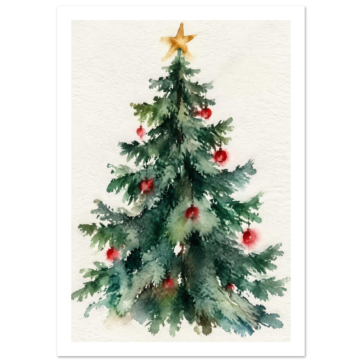 Watercolour Christmas tree with green branches, red baubles and a golden star on a textured cream background.