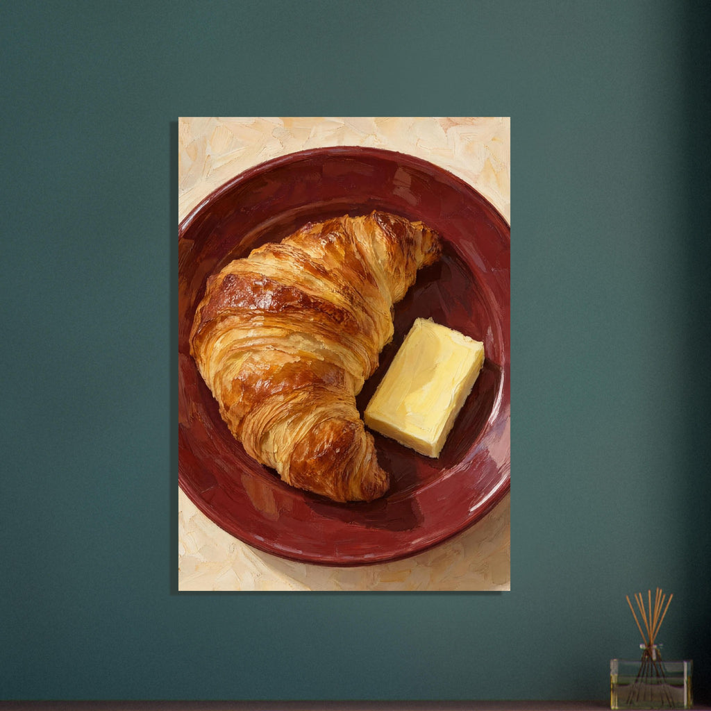 Golden croissant and a rectangular pat of butter on a burgundy plate, painted with textured brushstrokes on cream.