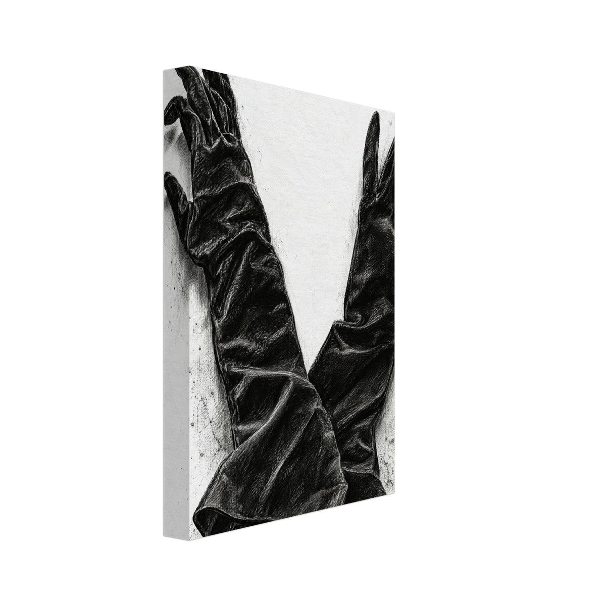 Two long black gloves crossed at the cuffs, with spread fingers and detailed folds against a pale textured background.