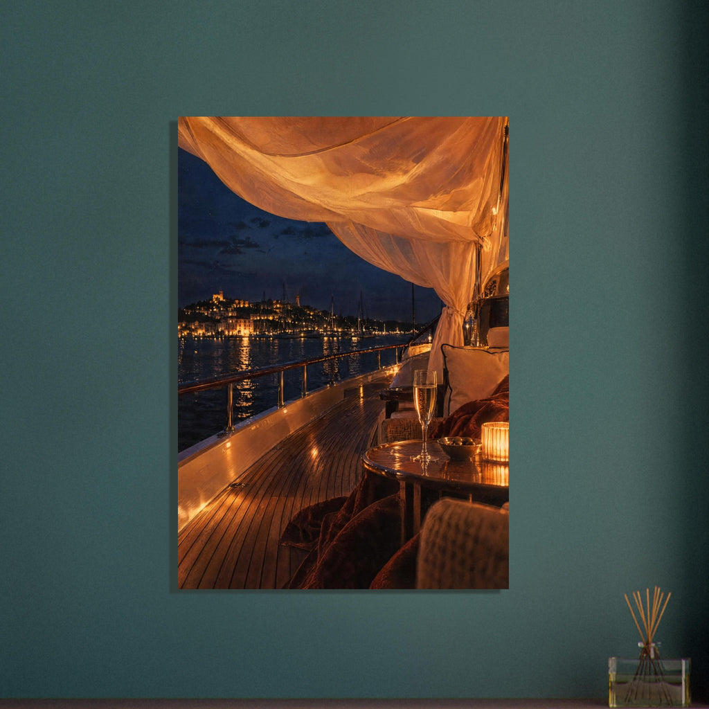 Yacht deck at night with glowing draped fabric, a candlelit table and a glass overlooking an illuminated harbour.