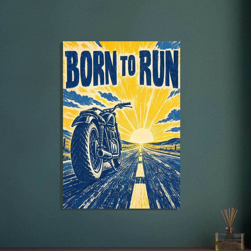 Motorcycle on an open road towards a low sun, with blue and yellow distressed graphics and large “Born To Run” lettering.