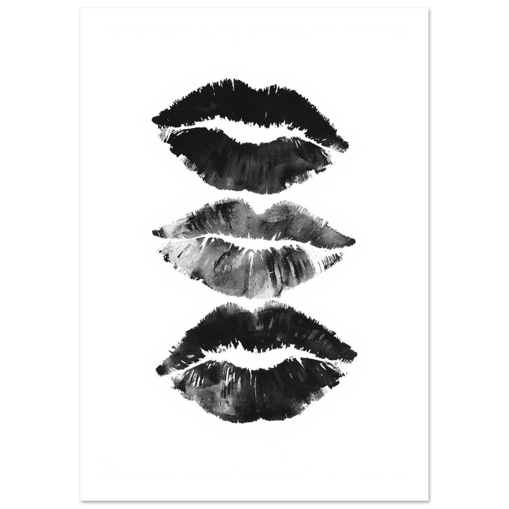 Three black and grey lip impressions stacked vertically on a white background, with textured edges and visible creases.