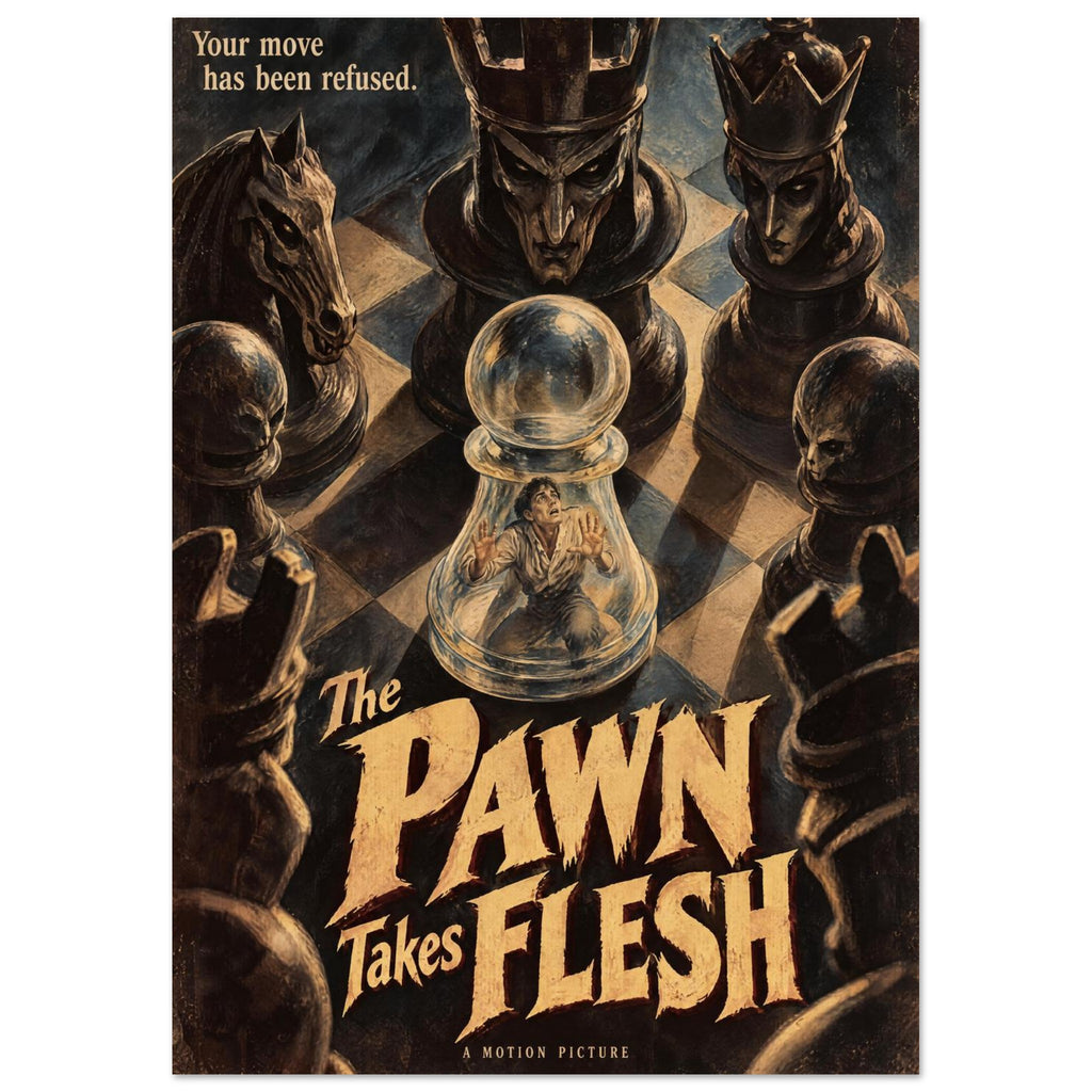 Chess pieces surround a man trapped inside a transparent pawn, with distressed lettering reading ‘The Pawn Takes Flesh’.
