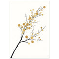 Black branch extending diagonally upwards with textured gold circles on a spacious off-white background.
