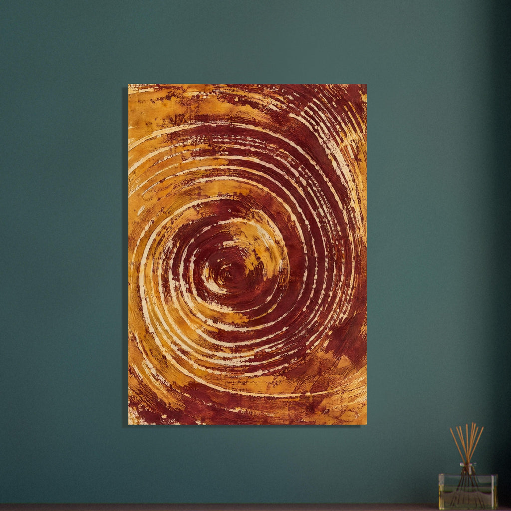 Abstract spiral of rough burgundy and ochre brush marks with cream gaps, sweeping outward across a vertical composition.
