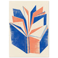 Open book with angular pages fanning upwards in blue, coral and cream, with distressed textures on a cream background.