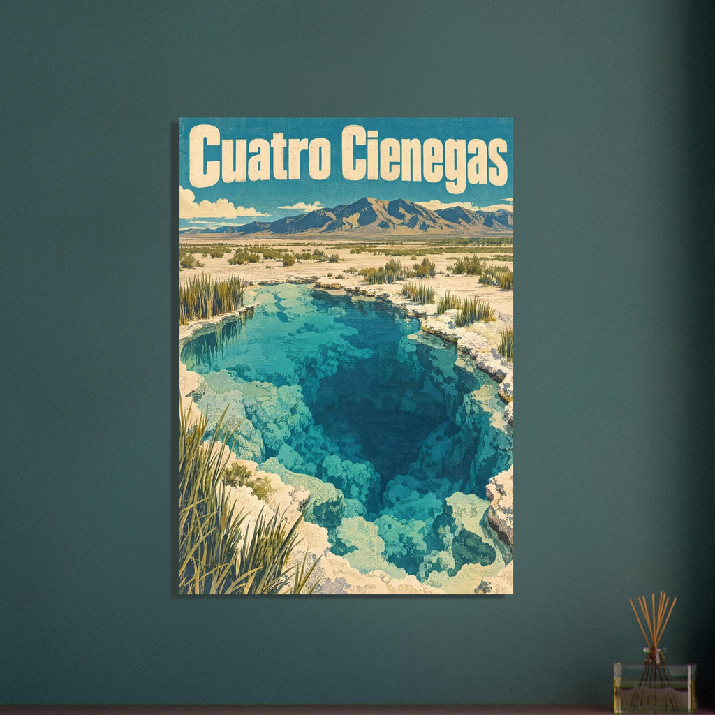 Cuatro Cienegas lettering above a turquoise desert pool bordered by pale rocks and grasses, with mountains beyond.