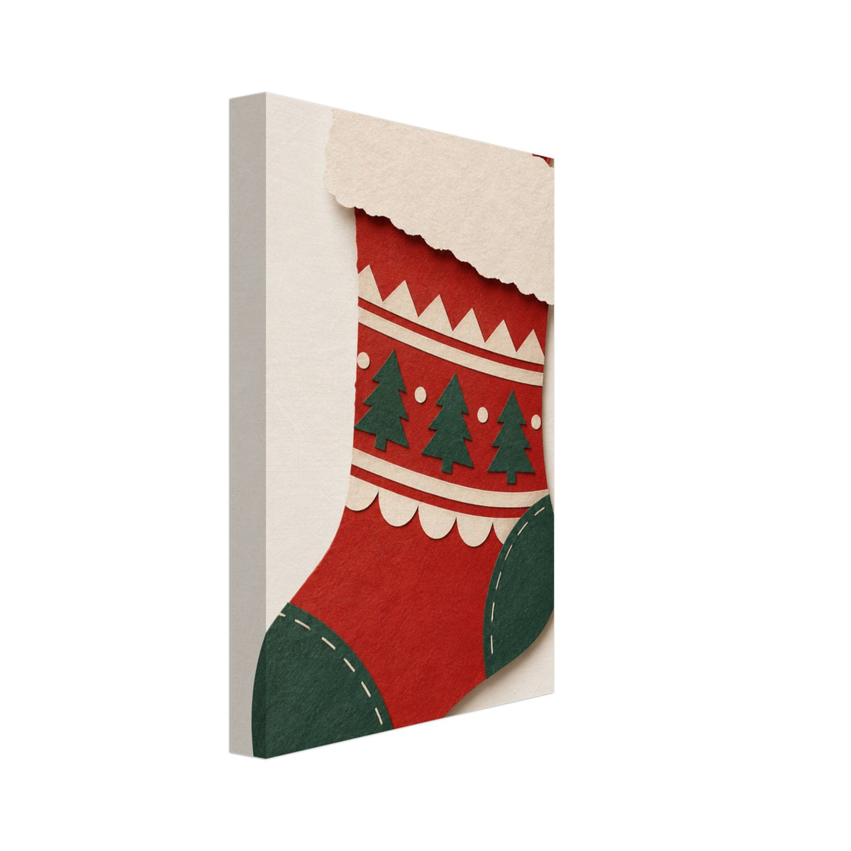 Red Christmas stocking with green trees, heel and toe, cream decorative trim and a paper-cut texture on a cream background.