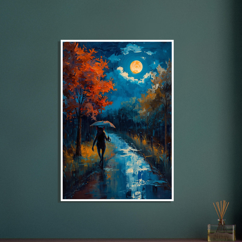 Black cat holding an umbrella on a wet path beneath a golden moon, with orange trees and blue reflections.
