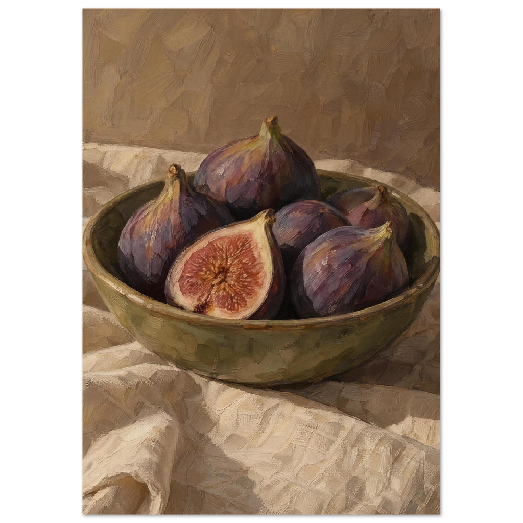 Purple figs, one halved, in an olive-green bowl on folded cream cloth against a brown, visibly brushworked background.