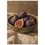 Purple figs, one halved, in an olive-green bowl on folded cream cloth against a brown, visibly brushworked background.