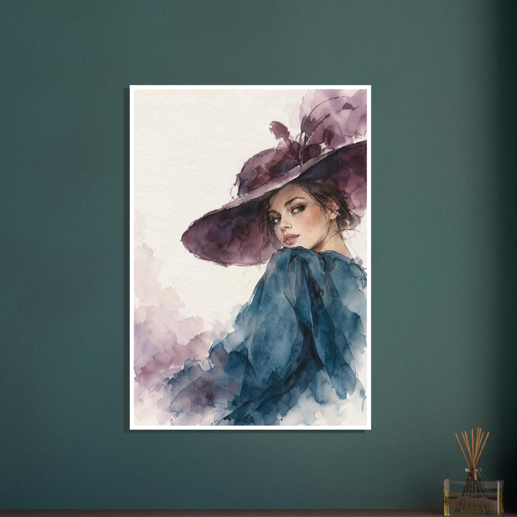 Woman looking over her shoulder in a wide purple hat and teal clothing, painted in watercolour on a cream background.