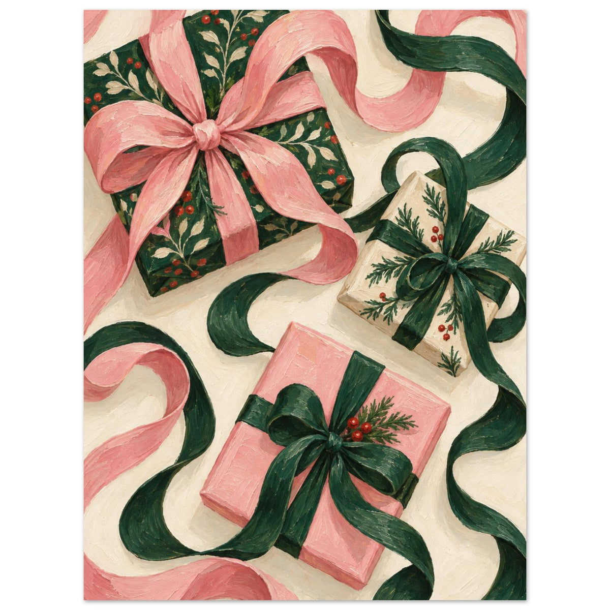 The Ribbon Dance shows three wrapped Christmas presents with oversized curling ribbons in forest green, shell pink and ivory.