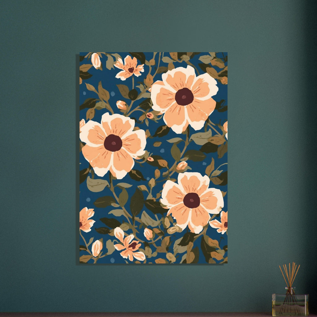 Peach and cream flowers with dark centres among olive-green leaves and curling stems on a deep blue background.