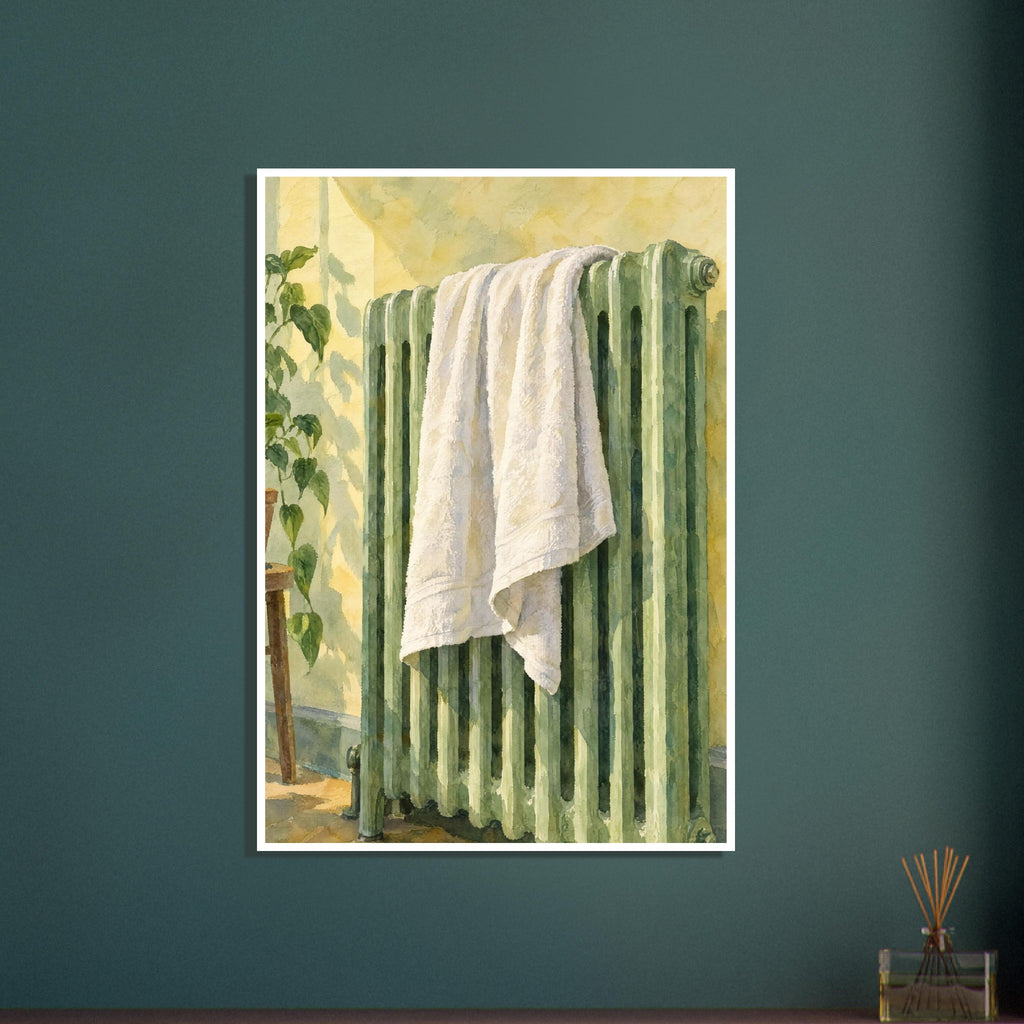 White towel draped over a green ribbed radiator against a yellow wall, with a leafy plant and soft shadows.