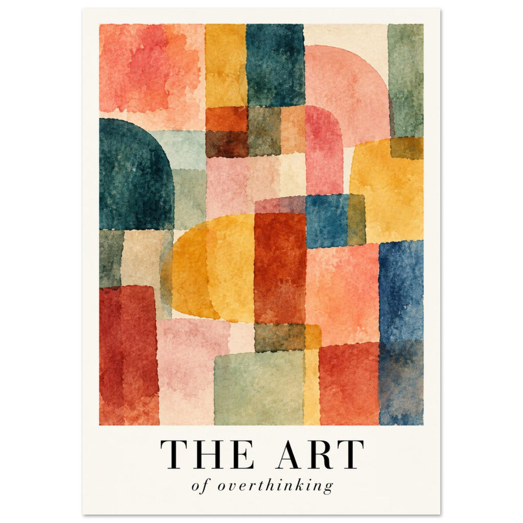 Geometric watercolour shapes in coral, yellow, teal and green above the black lettering ‘THE ART of overthinking’.