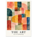 Geometric watercolour shapes in coral, yellow, teal and green above the black lettering ‘THE ART of overthinking’.