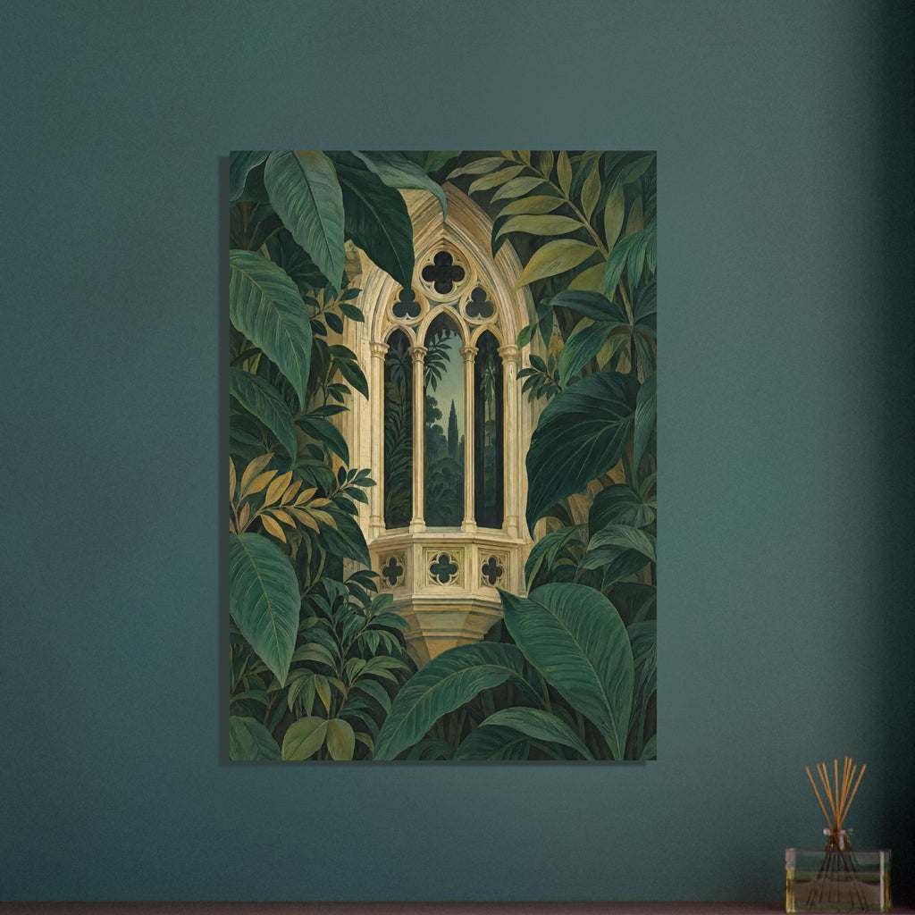 Ornate beige Gothic window with pointed arches and slender columns surrounded by large, layered dark green leaves.