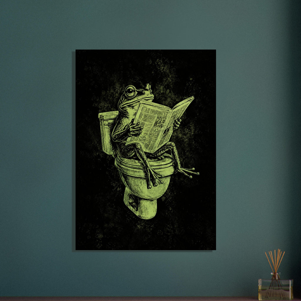 Green frog sitting on a toilet reading a newspaper, illustrated with etched-style lines on a textured black background.
