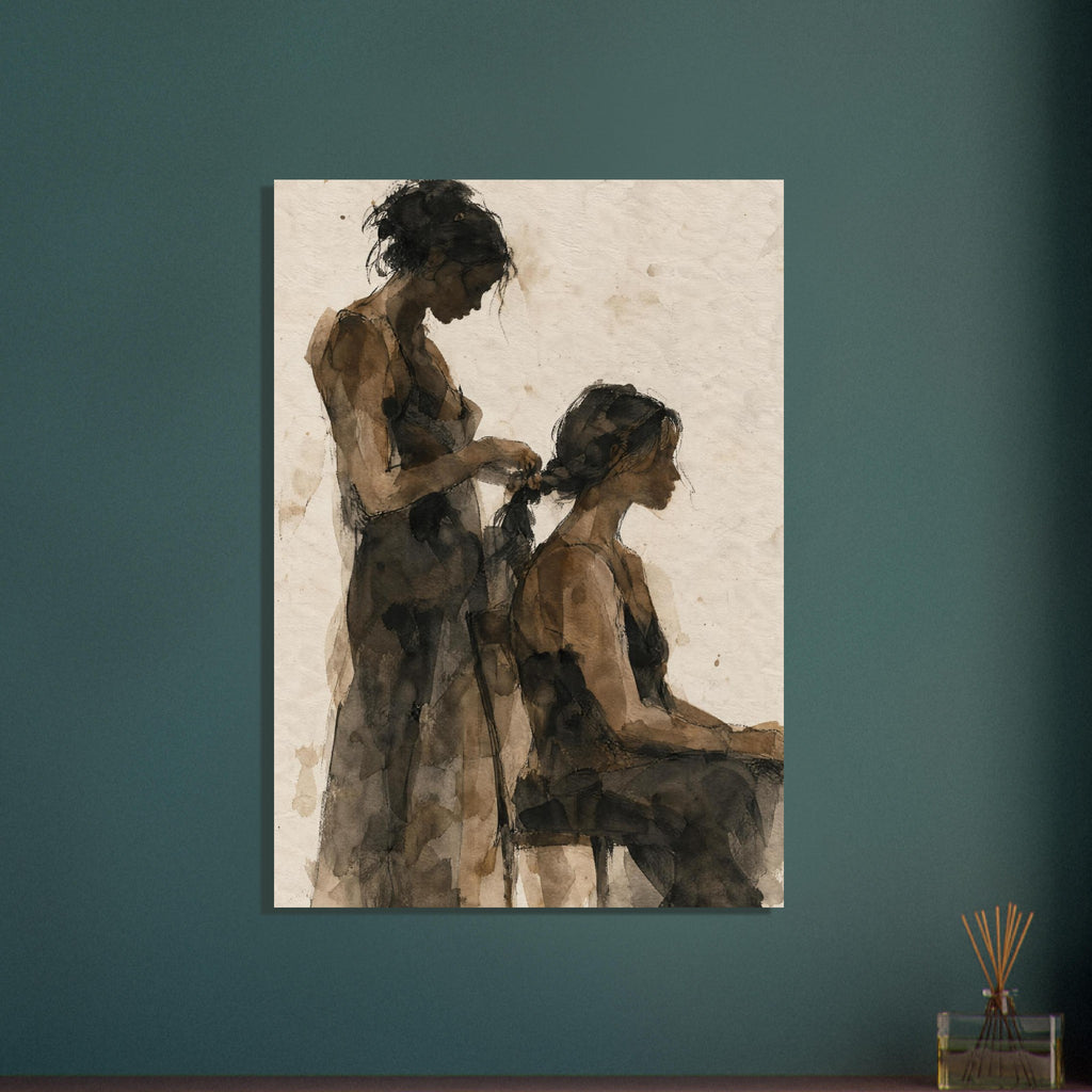 Two women in brown and charcoal washes, one standing and braiding the seated woman's hair against a textured cream background