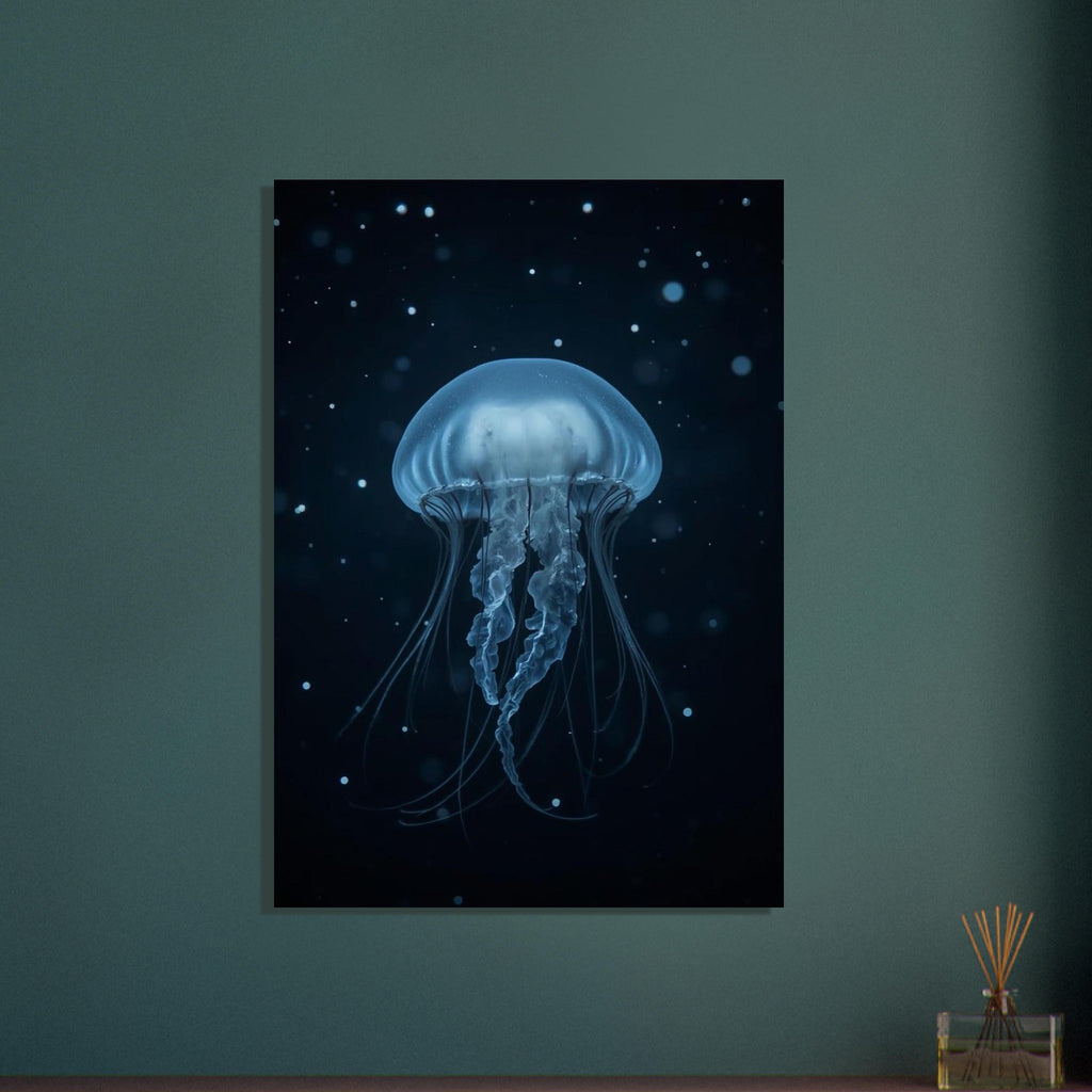 Glowing Blue Jellyfish wall art print by Printavelle – close-up