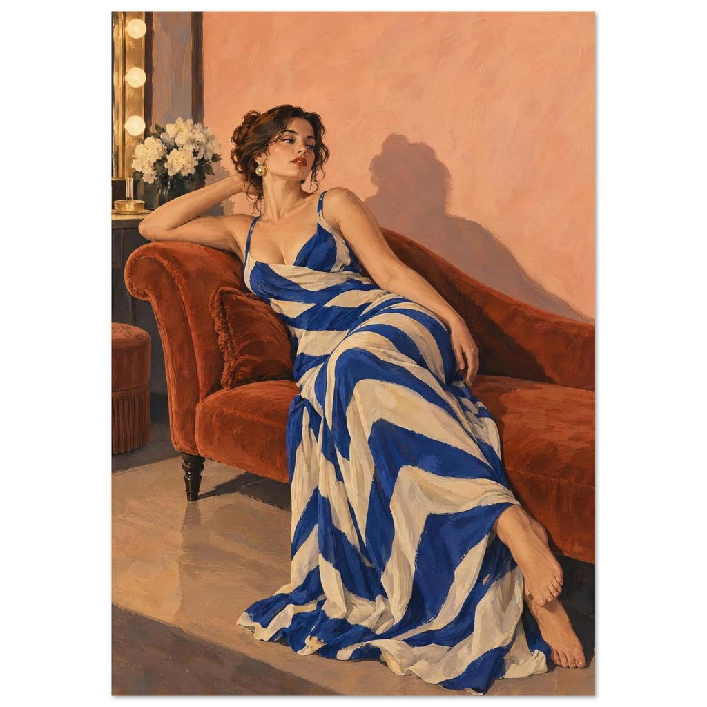 Stripes After Sunset shows a reclining woman in a cobalt-and-cream striped dress on a rust chaise against a peach wall.