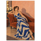 Stripes After Sunset shows a reclining woman in a cobalt-and-cream striped dress on a rust chaise against a peach wall.