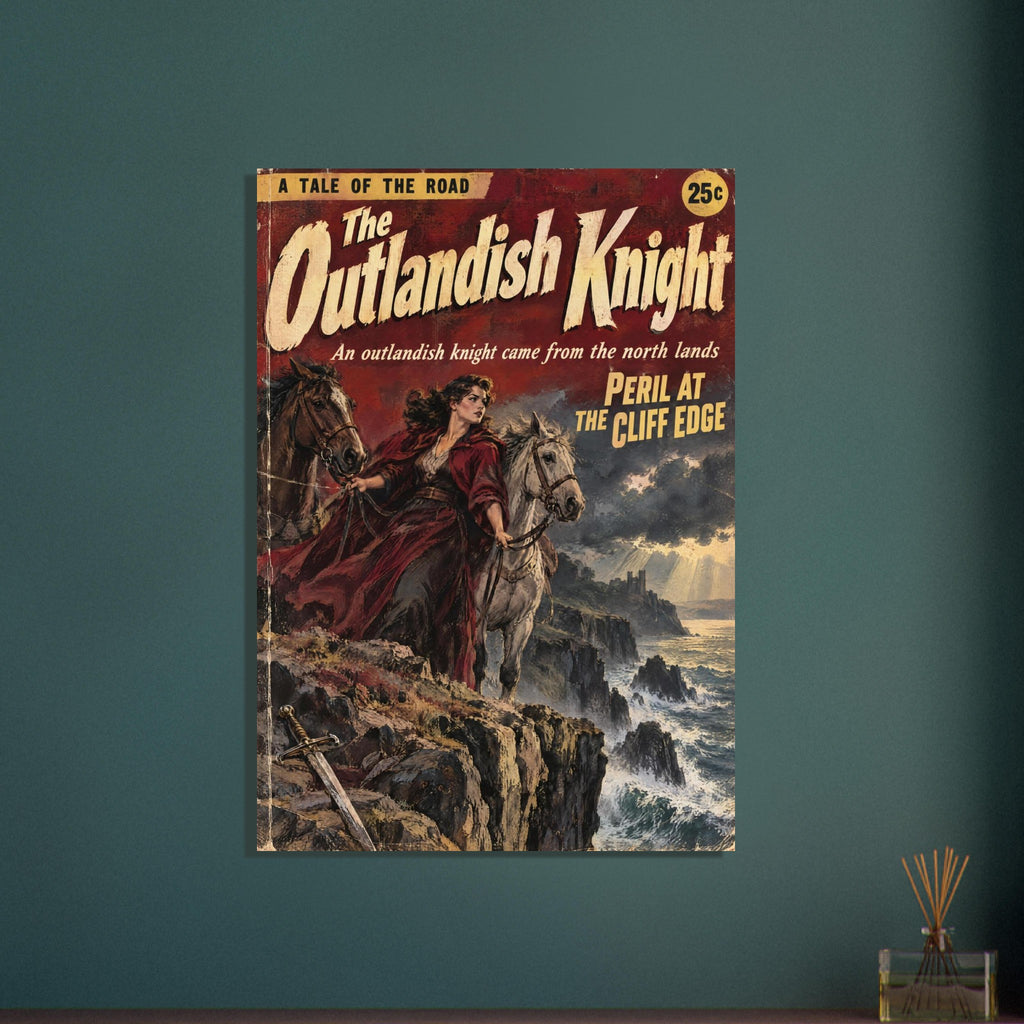 Woman in red between two horses on sea cliffs, with stormy waves, a sword and large ‘The Outlandish Knight’ lettering.