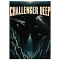 Challenger Deep lettering above jellyfish, sharp-toothed fish and a submersible shining a light into a dark ocean trench.