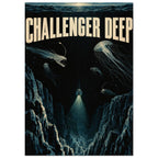 Challenger Deep lettering above jellyfish, sharp-toothed fish and a submersible shining a light into a dark ocean trench.