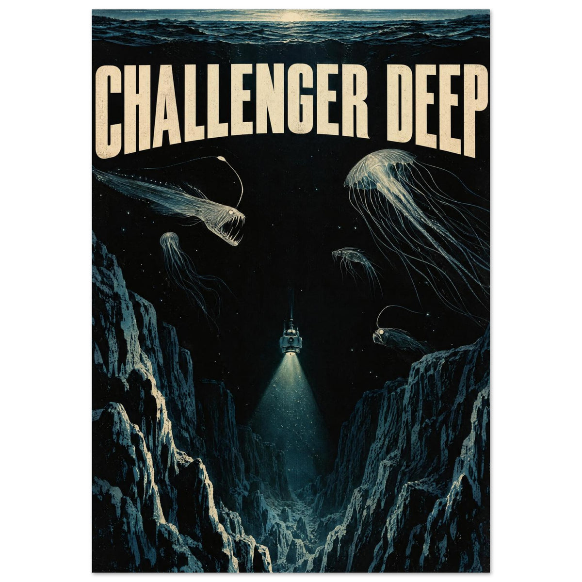 Challenger Deep lettering above jellyfish, sharp-toothed fish and a submersible shining a light into a dark ocean trench.