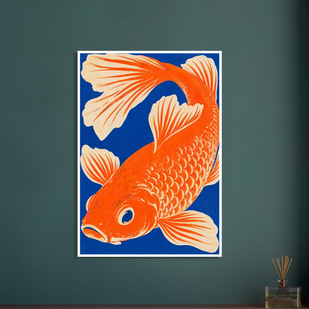 Orange fish curving across a deep blue background, with cream fins, patterned scales and a distressed texture.
