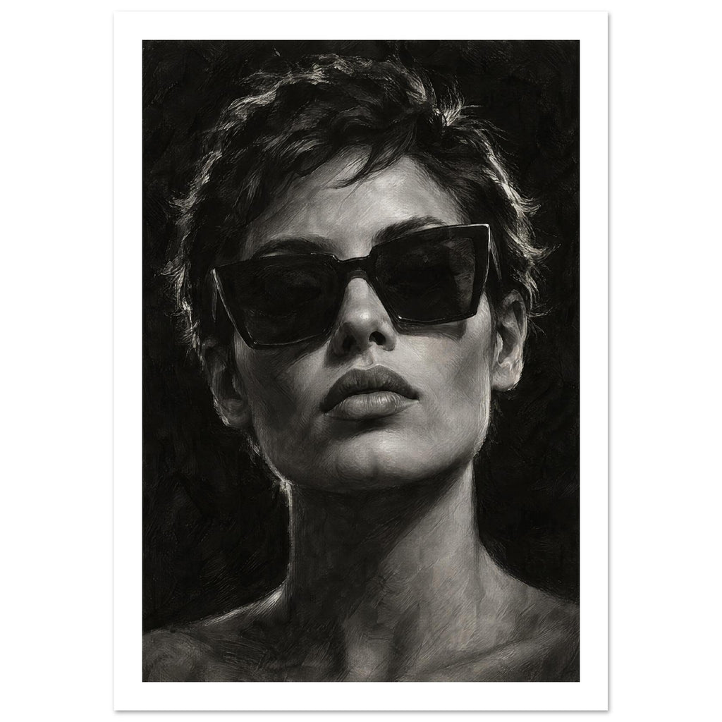 Behind the Sunglasses, a tightly cropped frontal face wearing large geometric sunglasses, with rim-lit short hair against bla