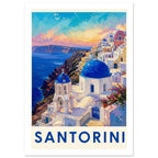 Santorini's blue-domed buildings and bell tower above a blue sea at sunset, with bold blue lettering on a cream border.