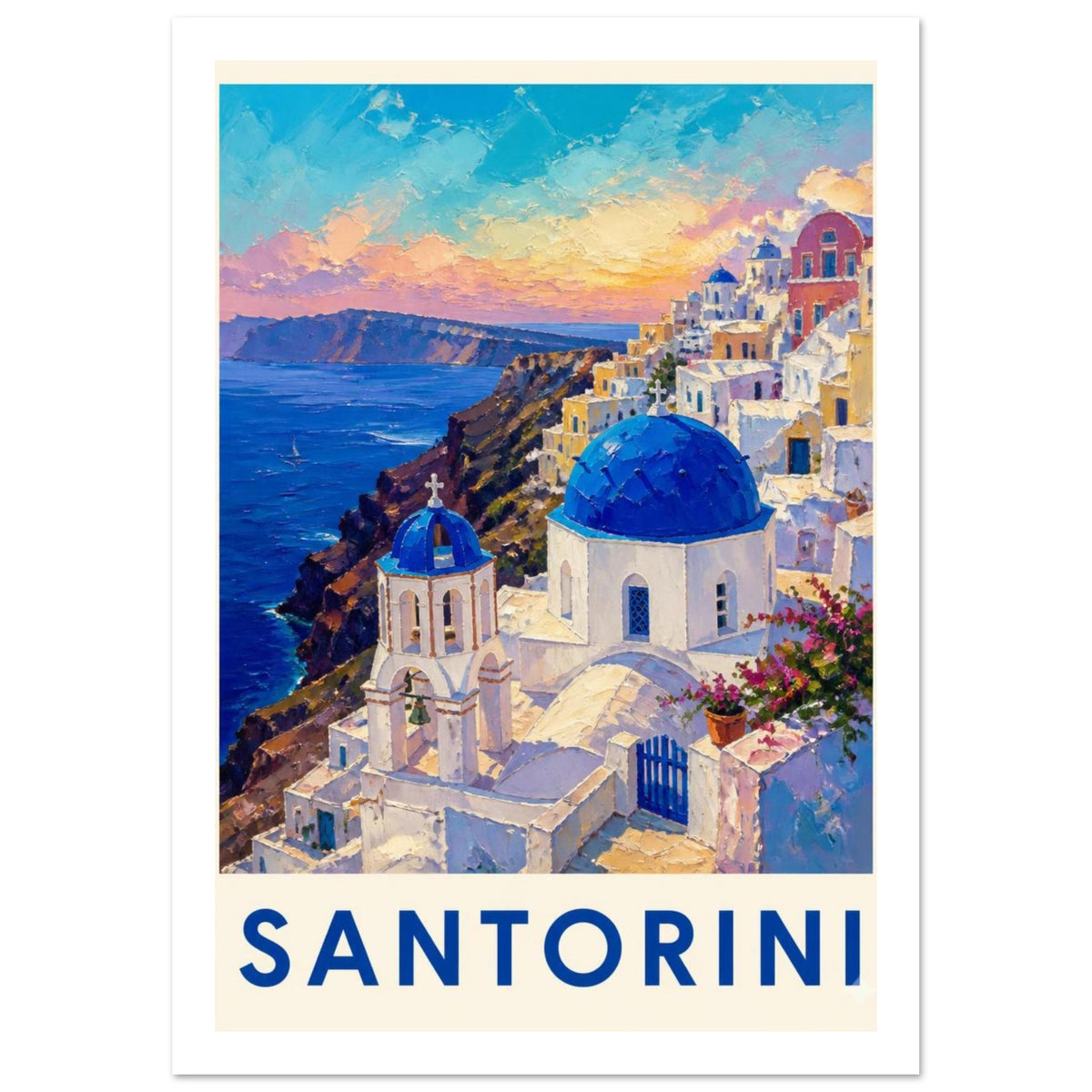 Santorini's blue-domed buildings and bell tower above a blue sea at sunset, with bold blue lettering on a cream border.