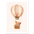 Peach and cream hot air balloon carrying a fox, hedgehog and squirrel in a woven basket against an ivory background.