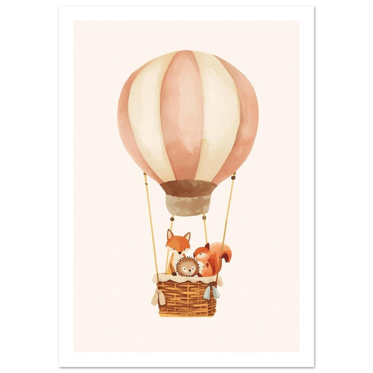 Peach and cream hot air balloon carrying a fox, hedgehog and squirrel in a woven basket against an ivory background.